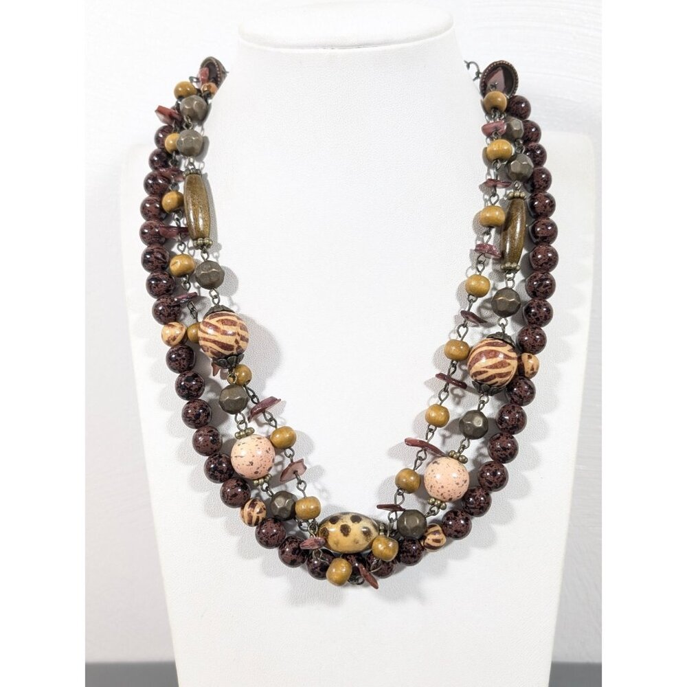 Premier Designs Multi Strand Beaded Statement Necklace Brown Tan Animal Print 19